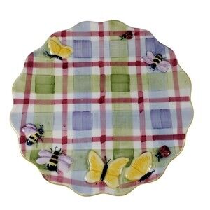 Scalloped Footed Candle Plate Spring Signed Michal Sparks Butterfly Bee 8"